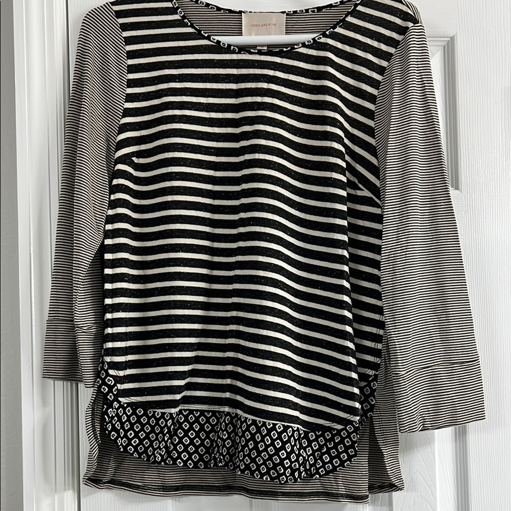 Skies Are Blue Black and White Striped Blouse